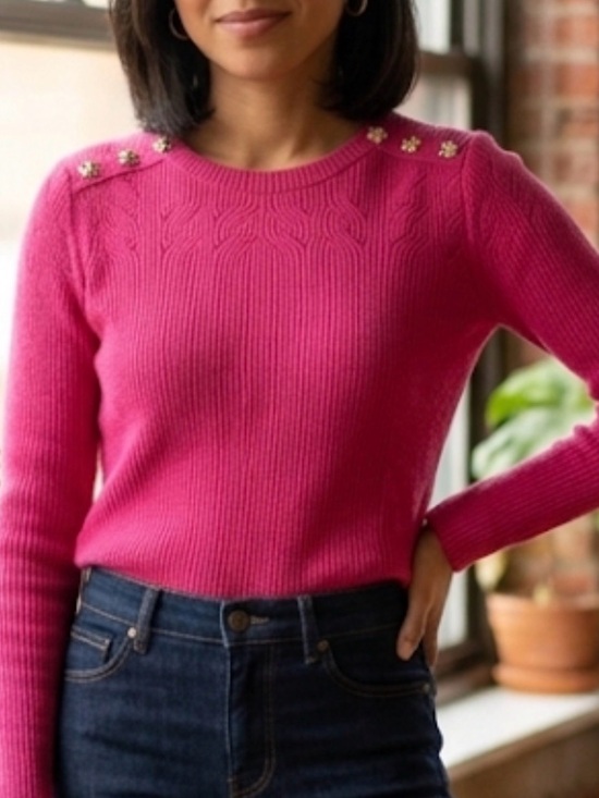 Talbots Sweaters - Talbots Hot Pink Crewneck Sweater with Gold Floral Buttons